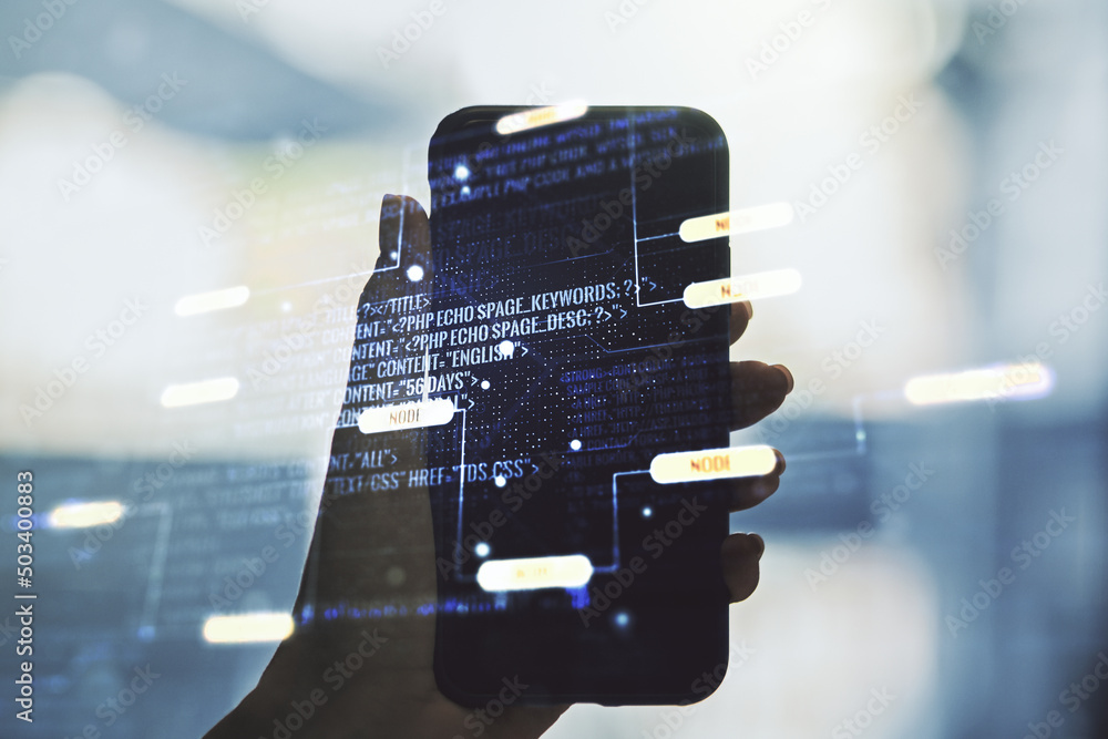 Poster multi exposure of abstract software development hologram and hand with cell phone on background, res