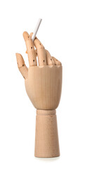 Wooden hand with cigarette on white background