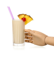 Wooden hand with glass of tasty cocktail on white background