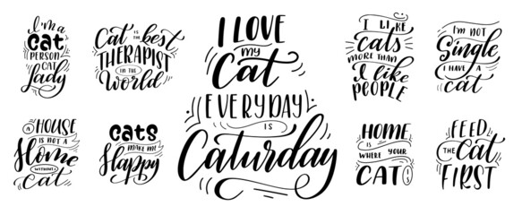 Bundle of Kitten lettering quotes for design. Pet phrase on white isolated background. Hand drawn brush ink vector calligraphy illustration - obrazy, fototapety, plakaty