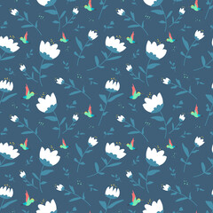 BEAUTIFUL WHITE FLORAL WITH HUMMING BIRDS FLAT SEAMLESS PATTERN DESIGN