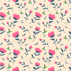 BEAUTIFUL FLORAL WITH BIRDS FLAT SEAMLESS PATTERN DESIGN