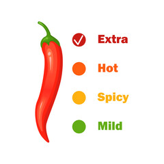 Chilli pepper spicy food level. Hot scale indicator with mild, medium, hot, extra positions. Icons with fire flames. Vector illustration