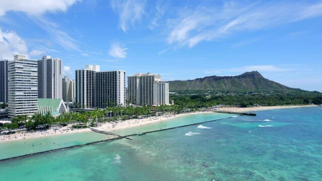 4K aerial of Waikiki in Oahu, Hawaii, USA