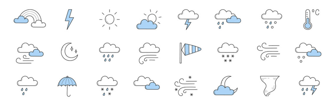 Meteorology icons, weather forecast signs with sun, moon, clouds, lightning, rainbow, thermometer and umbrella. Vector doodle set of rain, snow, tornado, wind storm, overcast and blizzard
