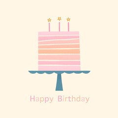 Birthday cake illustration. Fun Happy Birthday celebration card design element.