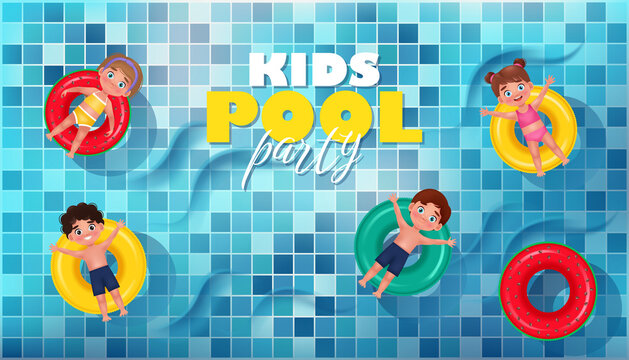 Kids Pool Party banner with happy children swimming on the rubber ring. Vector illustration in 3D cartoon style