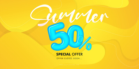 Summer sale colorful banner with 50 percentage type text. Vector Illustration.