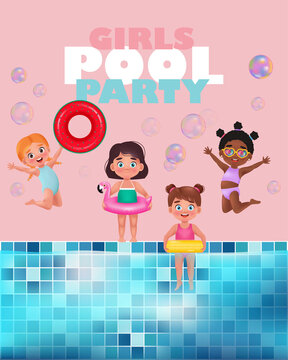 Girls pool party. Cute Little girls swimming on the rubber ring. Vector illustration in 3D cartoon style