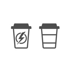 take-out coffee with lightning bolt. disposable cardboard cup of coffee. morning energy icon. Isolated on white background. Fast food business lunch picrogram.