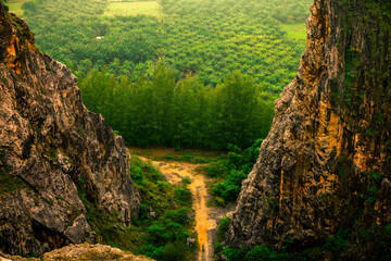 panoramic background of high mountain scenery, overlooking the atmosphere of the sea, trees and...