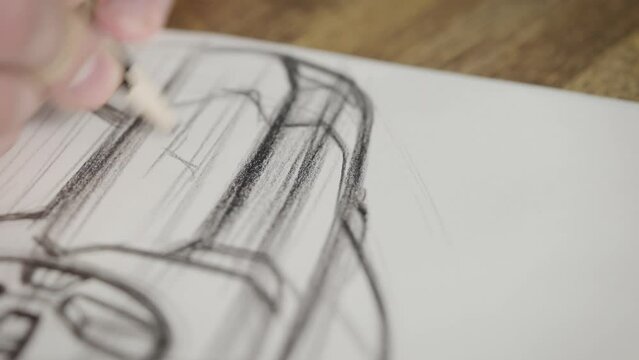 Macro drawing plan. Illustrator man makes a sketch with a pencil. The concept of a new car.
