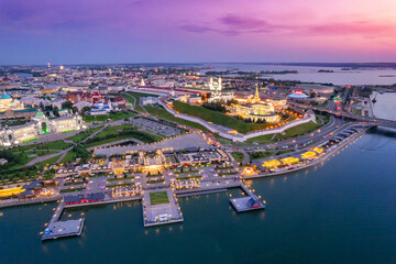 Panoramic aerial top view of Kazan Kremlin Kul Sharif mosque islam republic sunset, Tatarstan Russia