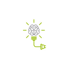 White bulb with brain, rays and electrical plug on white background.