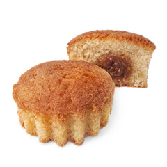 muffins filled with boiled condensed milk whole and cut on white background isolated
