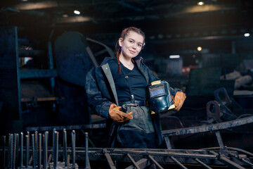 Portrait beautiful woman welder background industry factory workplace