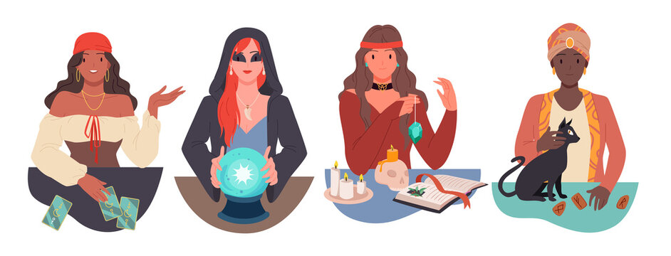 Fortune tellers predict future set vector illustration. Cartoon female clairvoyant character telling destiny in crystal ball, gypsy woman reading tarot cards isolated on white. Fate, mystery concept