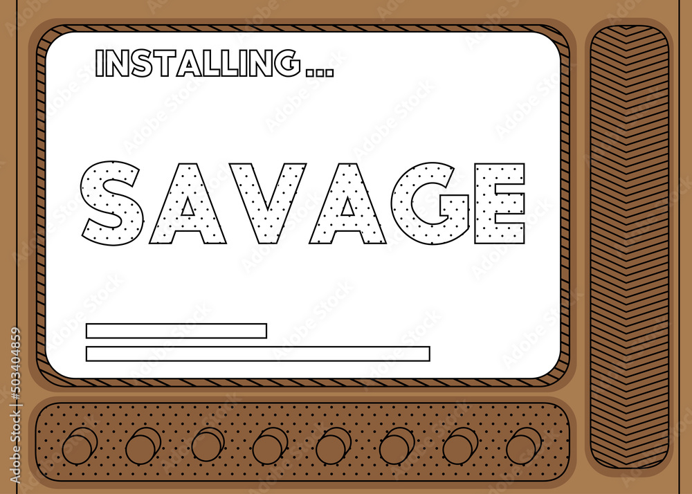 Aufkleber cartoon computer with the word savage. message of a screen displaying an installation window.