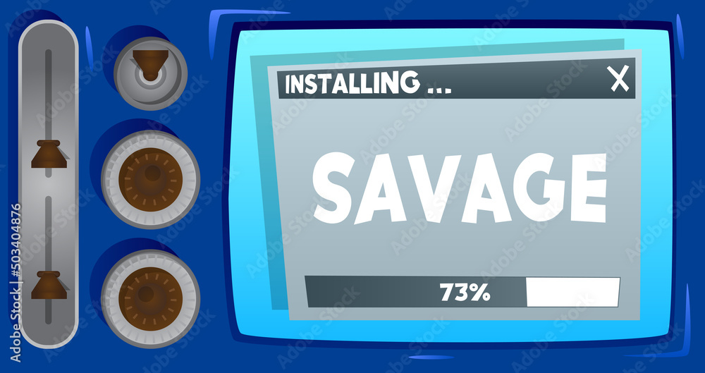 Poster cartoon computer with the word savage. message of a screen displaying an installation window.