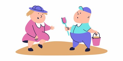 Children in the sandbox on the playground. A girl and a boy play with sand and catch up. Interaction of children with each other in the game. Illustration in cartoon style flat graphic