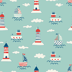 Nautical seamless pattern with lighthouse, steamship and yachts. Background with towers for marine navigation. illustration for wrapping paper, fabric print, wallpaper. Sea. Ocean