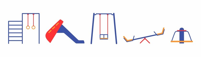A set of icons for the designation of playground equipment. Items for children's entertainment and development. Outdoor games. Illustration in the style of flat geometric graphics