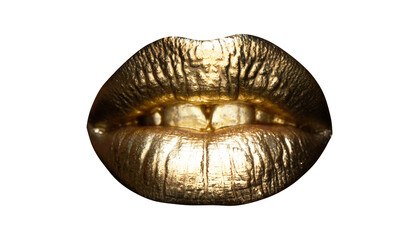 Gold sexy female lips, beautiful lips, beauty golden woman mouth. Isolated on white, clipping path.