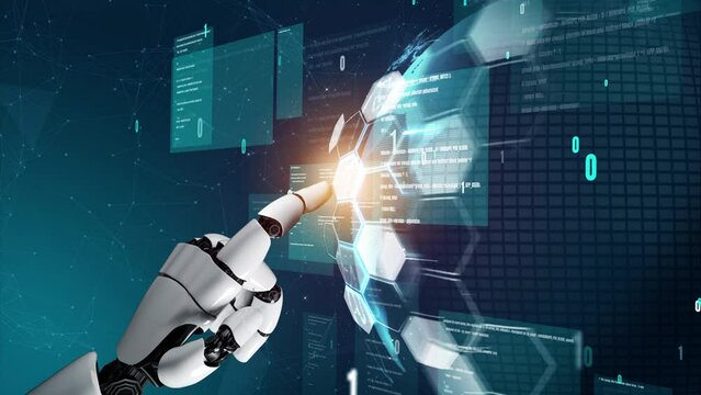 Futuristic robot artificial intelligence revolutionary AI technology development and machine learning concept. Global robotic bionic science research for future of human life. 3D rendering graphic.