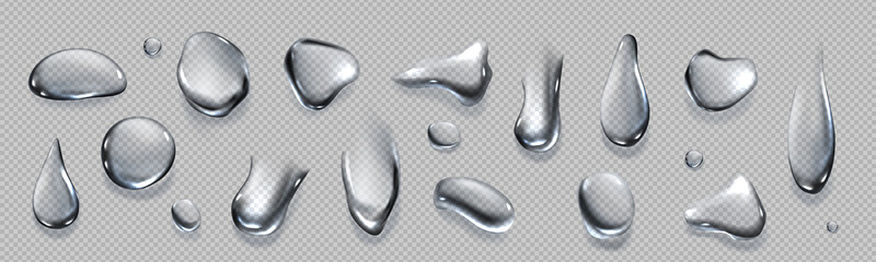 Clear water drops, dew or dripping rain droplets isolated on transparent background. Vector realistic set of pure aqua liquid flows, condensation on cool surface