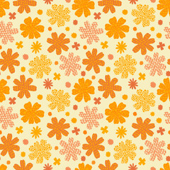 Seamless pattern flower retro 70-s. Vintage textile design fashion. Repeat hippie style.