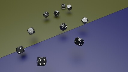 Rolling lime black dices on deep green and blue planes background. Concept image of statistical probability, gambling activities and decisive battle. 3D CG. 3D illustration.