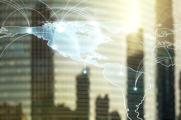Double exposure of abstract digital world map hologram with connections on blurry cityscape background, big data and blockchain concept