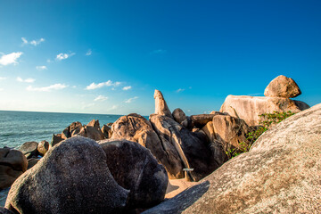 panoramic background of high mountain scenery, overlooking the atmosphere of the sea, trees and...