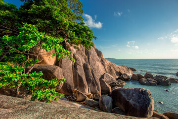 panoramic background of high mountain scenery, overlooking the atmosphere of the sea, trees and...