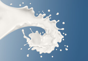 Milk or yogurt splash on blue background, food illustration, 3d rendering