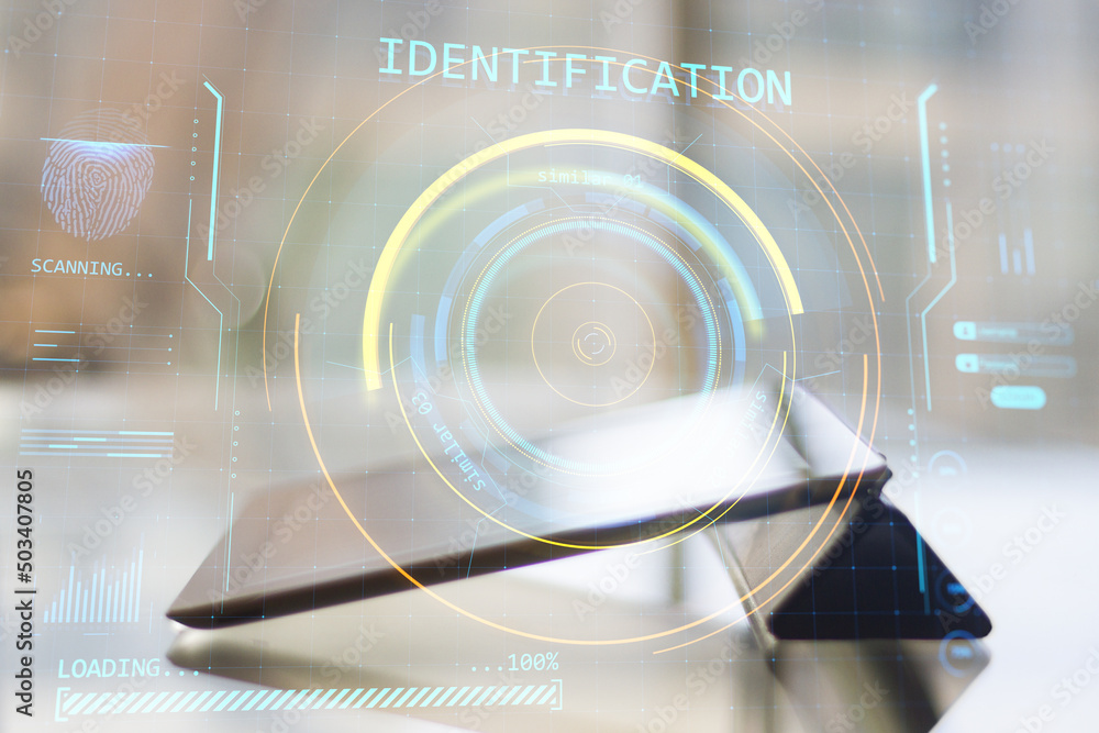 Poster Close up of tablet with abstract round identification interface on blurry background. Forensic hud and scanner concept. Double exposure.