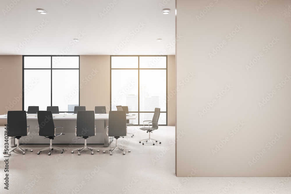 Poster modern meeting room interior with empty mock up place on wall, furniture, city view and daylight. 3d