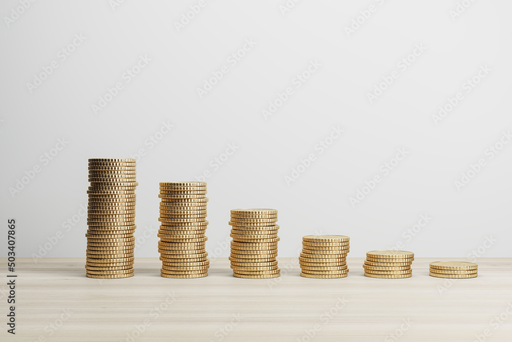 Poster stacked golden coins chart on white background with mock up place. finance, stock and earnings conce