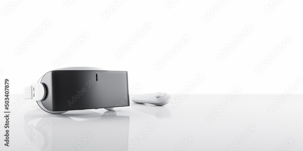 Aufkleber Virtual reality and metaverse concept with modern VR headset and joystick on glossy table surface with light background and copyspace. 3D rendering, mockup