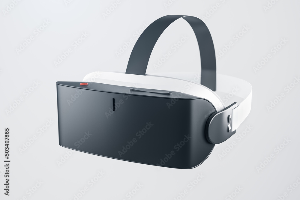 Poster virtual reality and metaverse concept with black and white headset on light background. 3d rendering