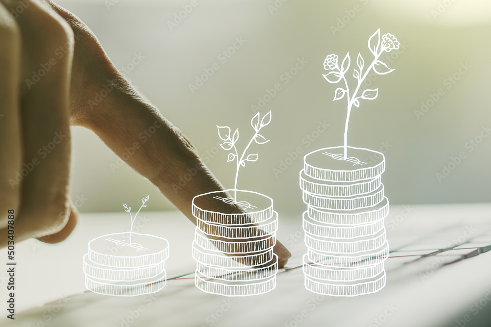 Poster creative abstract cash savings sketch and hands typing on computer keyboard on background, success a