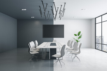 Modern designer meeting room interior with furniture, empty black mock up presentation frame and window with city view and daylight. 3D Rendering.