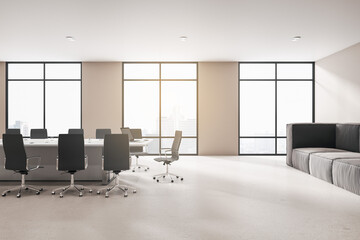 Modern meeting room interior with furniture, city view and daylight. 3D Rendering.