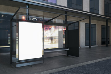 Outdoor advertisement concept with blank white vertical poster on transparent city bus stop in the evening. 3D rendering, mockup