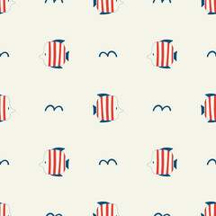 Vector hand drawn colored childish seamless repeating simple flat pattern with fishes in scandinavian style. Cute baby animals. Sea. Ocean.