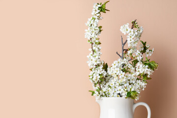 Jug with beautiful blooming tree branches near color wall