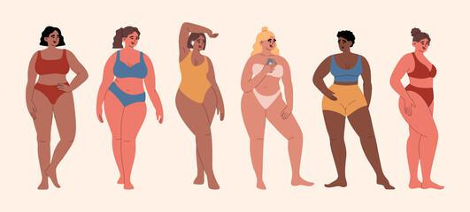 Set of obese women posing in swimwear. Concept of plus size models, body positivity. Hand drawn vector illustration isolated on white background. Modern flat cartoon style.