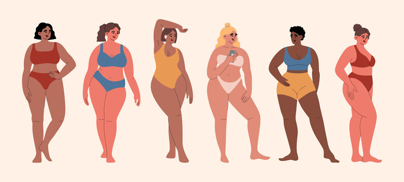 Set Of Obese Women Posing In Swimwear. Concept Of Plus Size Models, Body Positivity. Hand Drawn Vector Illustration Isolated On White Background. Modern Flat Cartoon Style.