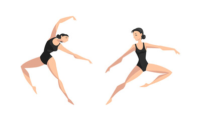 Female Ballet Dancer Dancing in Black Leotard Vector Set