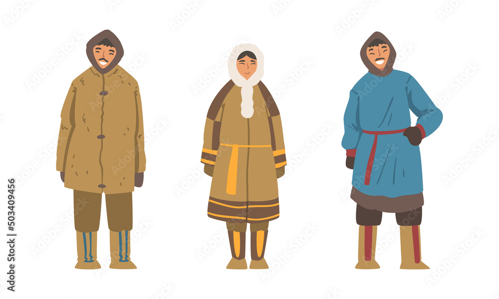 Poster eskimo indigenous man and woman character wearing traditional warm clothes vector set